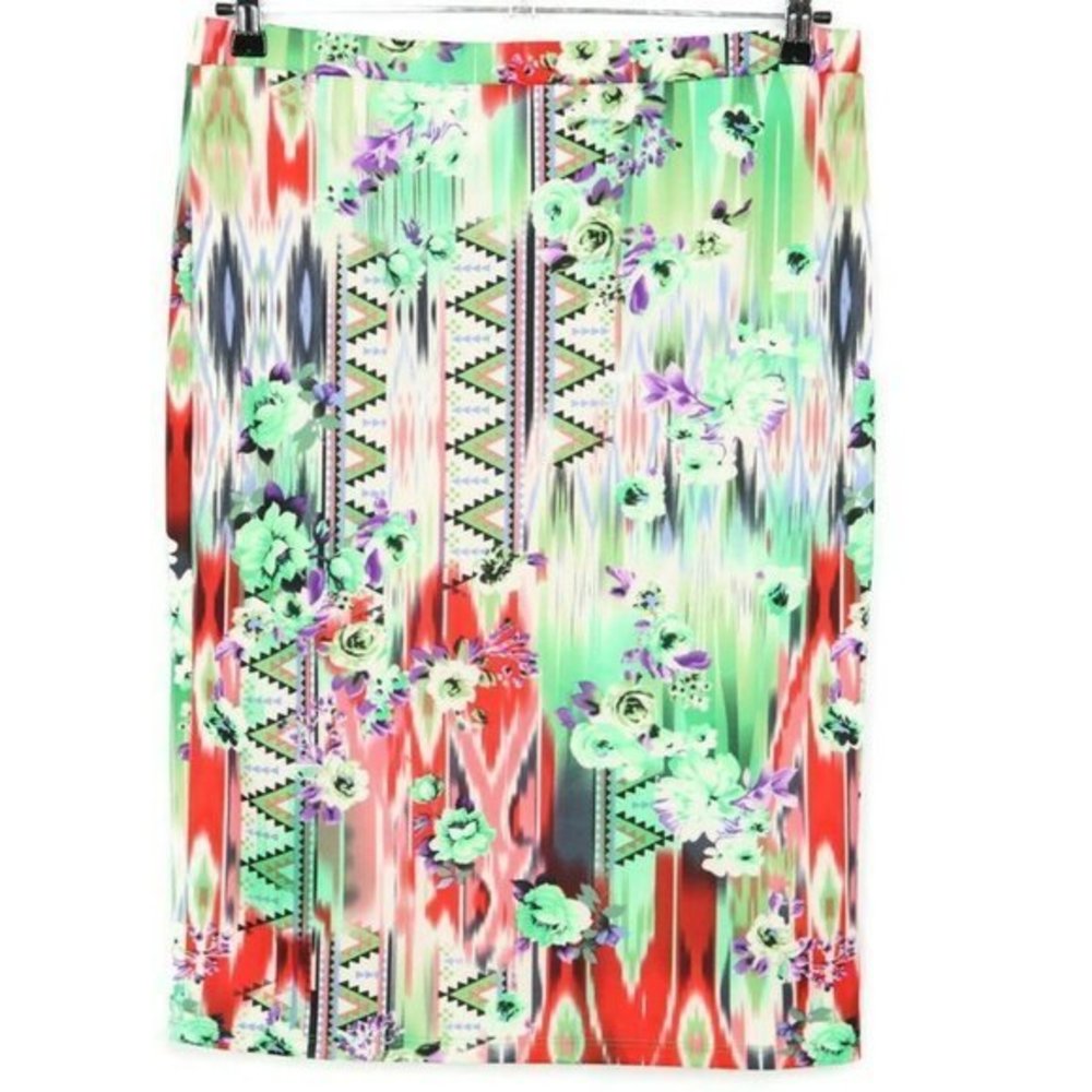 MOA Pencil Skirt‎ Green Purple Red White Floral Stretch 2XL XXL